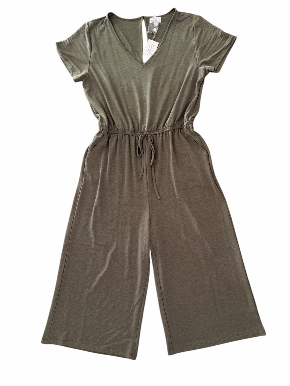 Mud Pie Large Women’s Olive Sage Green Short-Sleeve Drawstring Jumpsuit NEW